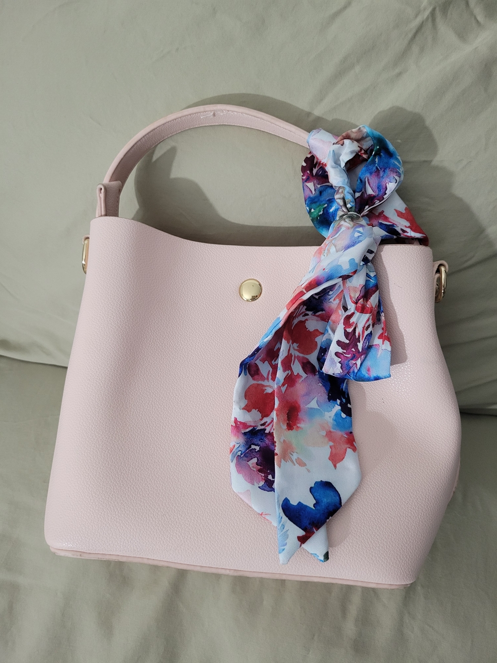 Blush Pink Structured Handbag with Floral Scarf